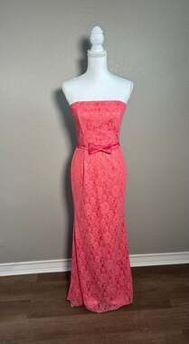 Vintage Jessica McClintock Coral Pink Lace Strapless Mermaid Gown with Bow Belt